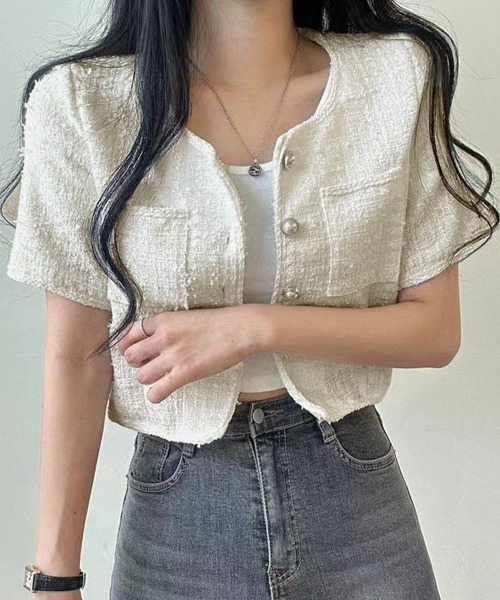 Miniministore(ミニミニストア)の「ツイード風ジャケットノーカラージャケット(その他アウター・レディース・ブラック/アイボリー/ライトブルー・M/L)」の10枚目の写真