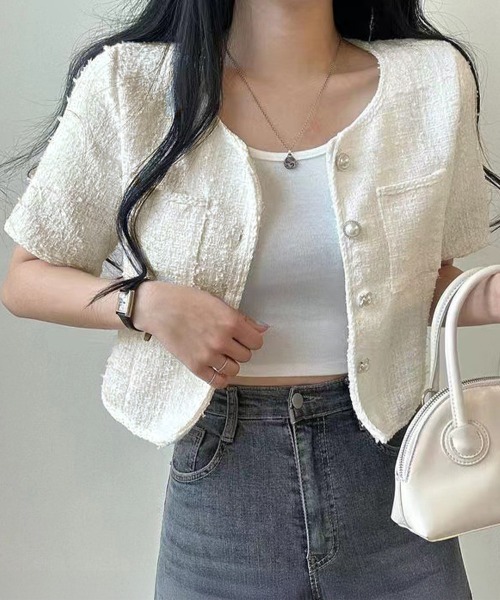 Miniministore(ミニミニストア)の「ツイード風ジャケットノーカラージャケット(その他アウター・レディース・ブラック/アイボリー/ライトブルー・M/L)」の11枚目の写真