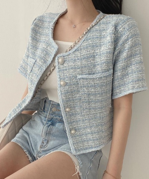 Miniministore(ミニミニストア)の「ツイード風ジャケットノーカラージャケット(その他アウター・レディース・ブラック/アイボリー/ライトブルー・M/L)」の15枚目の写真