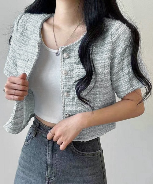 Miniministore(ミニミニストア)の「ツイード風ジャケットノーカラージャケット(その他アウター・レディース・ブラック/アイボリー/ライトブルー・M/L)」の18枚目の写真