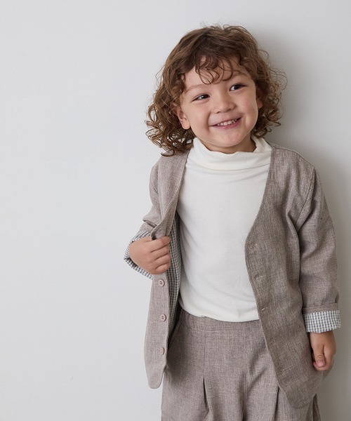 riziere(リジェール)の「シングルノーカラージャケットセットアップ(裏地チェック)(スーツセット・キッズ・ブラック/ブラウン/ライトブラウン/カーキ系・100/120/110/90/160/150/140/130)」の5枚目の写真