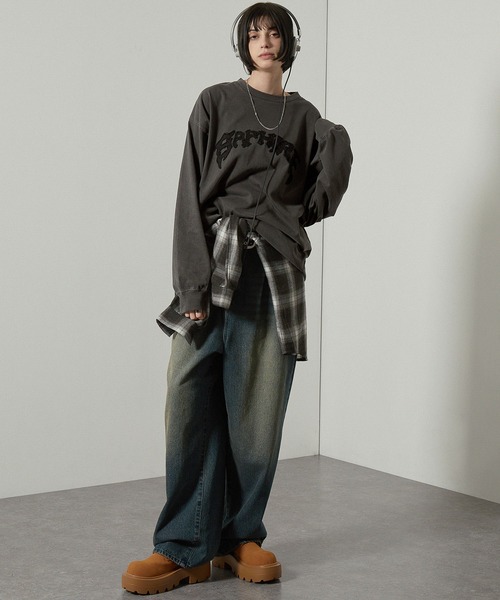 Alfred Alex（アルフレッドアレックス）の「【Alfred Alex】ヴィンテージ加工ピグメントロゴパッチロンT（Tシャツ/カットソー・メンズ・ブラック系/ブルー系/ダークブラウン/ブラック/ワイン/グレイッシュブルー・M/L）」の14枚目の写真