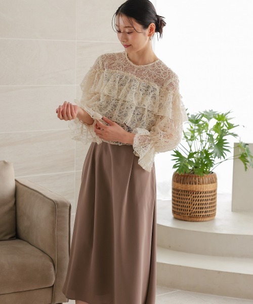 モール刺繍レース使いティアードワンピースドレス＜大きいサイズ