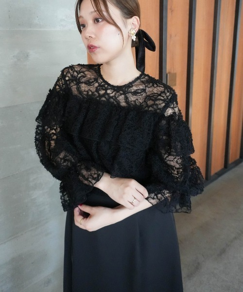 モール刺繍レース使いティアードワンピースドレス＜大きいサイズ