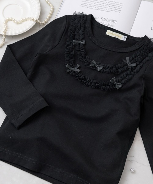 panpantutu（パンパンチュチュ）の「チュールリボントップ/ジュエリー(長袖)(80-130cm)（Tシャツ/カットソー・キッズ・ブラック/グレイッシュブルー/ピンク・90cm/120cm/80ｃｍ/100cm/110cm/130cm）」の2枚目の写真