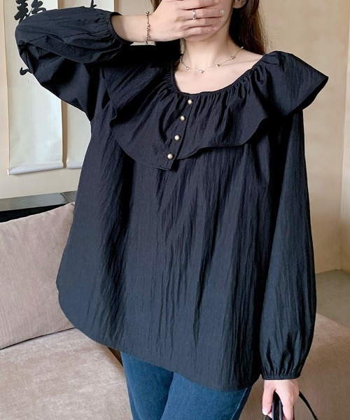 ReRe(リリ)の「ギャザー袖×フリルネックオフショルトップス(シャツ/ブラウス・レディース・ブラック/ライトイエロー・MEDIUM)」の10枚目の写真