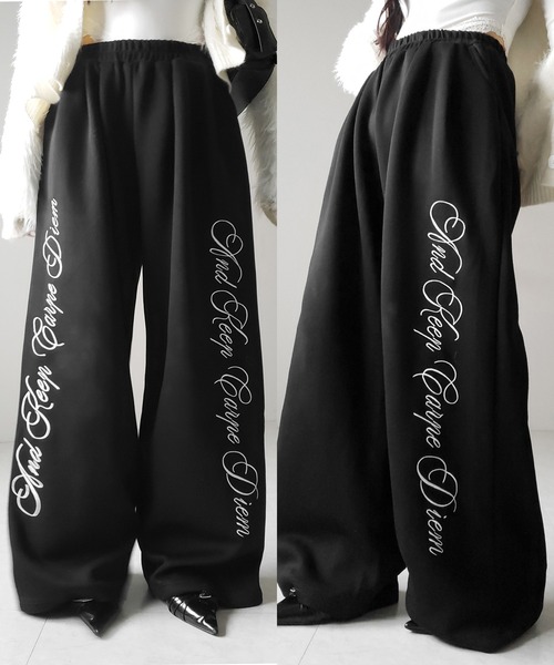 2color 】レタリングロゴ刺繍ワイドスウェットパンツ ／ lettering