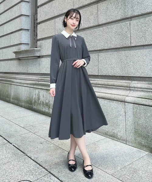 リボンタイ付きクレリックサーキュラーワンピース（ワンピース）｜an