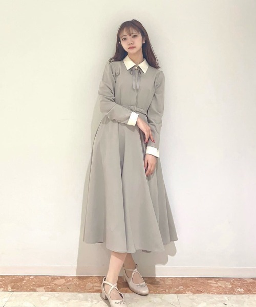 リボンタイ付きクレリックサーキュラーワンピース（ワンピース）｜an