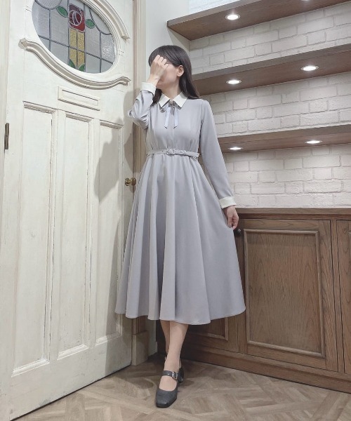 セール】リボンタイ付きクレリックサーキュラーワンピース/fint