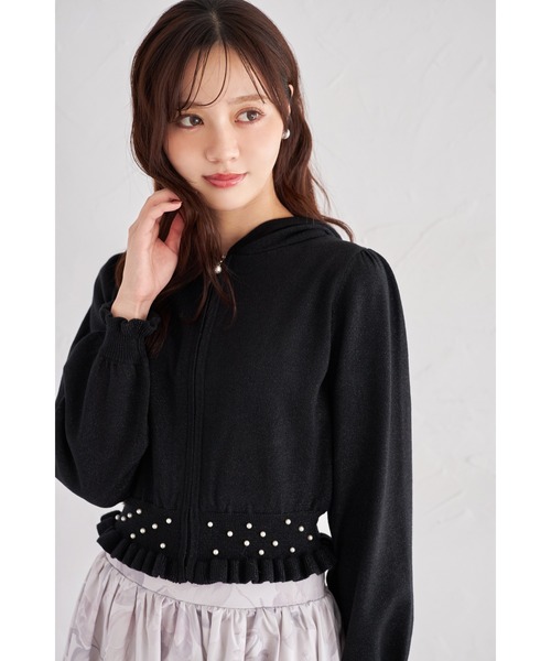 tocco closet(トッコ クローゼット)の「パール&フリル付きラメ入りニットパーカー(パーカー・レディース・ブラック/アイボリー・M)」の2枚目の写真