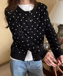 ドットジャガードカーディガン ニット カーディガン ドット クルーネック ドットカーディガン ドット柄 トップス 長袖 春服 秋服