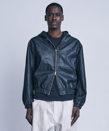 FDR（エフディーアール）の「Washed Faux Leather Hood Zip-Up_Washed Black（ライダースジャケット）」