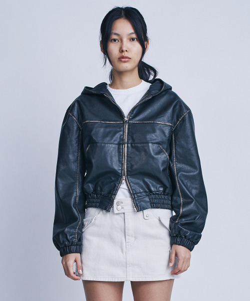 FDR(エフディーアール)の「Washed Faux Leather Hood Zip-Up_Washed Black(ライダースジャケット・メンズ・その他・LARGE/MEDIUM/SMALL)」の2枚目の写真