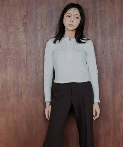 Petitjo（プッチージョ）の「小さいサイズ　ヘンリーネックロングスリーブＴ　低身長さん・小柄女性（Tシャツ/カットソー・レディース・杢グレー/ホワイト・PS/PSS/PL/PM）」の11枚目の写真