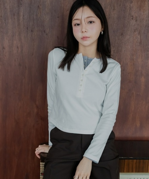 Petitjo（プッチージョ）の「小さいサイズ　ヘンリーネックロングスリーブＴ　低身長さん・小柄女性（Tシャツ/カットソー・レディース・杢グレー/ホワイト・PS/PSS/PL/PM）」の13枚目の写真