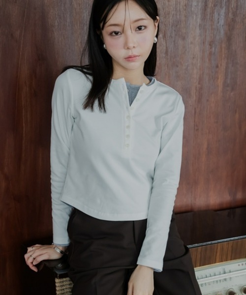 Petitjo（プッチージョ）の「小さいサイズ　ヘンリーネックロングスリーブＴ　低身長さん・小柄女性（Tシャツ/カットソー・レディース・杢グレー/ホワイト・PS/PSS/PL/PM）」の14枚目の写真