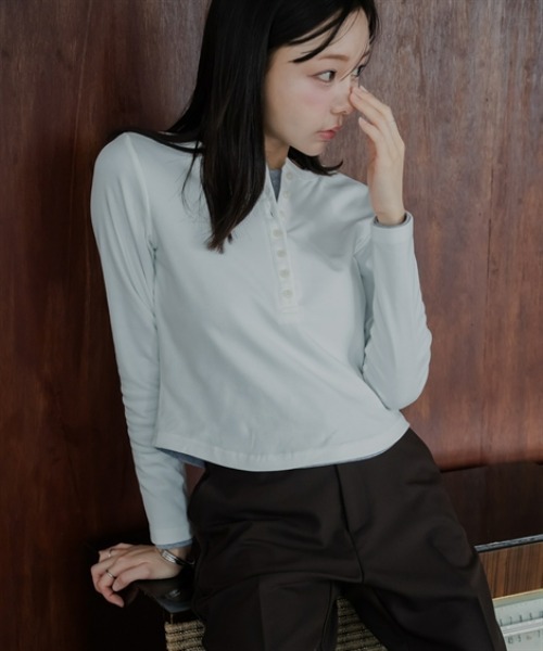 Petitjo（プッチージョ）の「小さいサイズ　ヘンリーネックロングスリーブＴ　低身長さん・小柄女性（Tシャツ/カットソー・レディース・杢グレー/ホワイト・PS/PSS/PL/PM）」の15枚目の写真