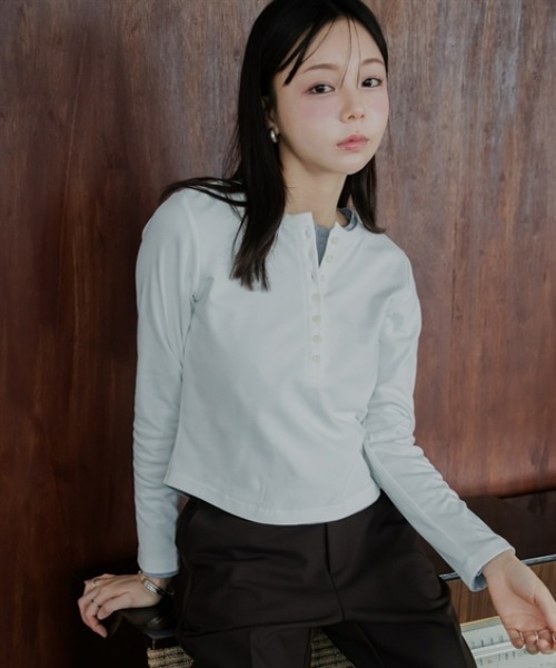 Petitjo（プッチージョ）の「小さいサイズ　ヘンリーネックロングスリーブＴ　低身長さん・小柄女性（Tシャツ/カットソー・レディース・杢グレー/ホワイト・PS/PSS/PL/PM）」の16枚目の写真