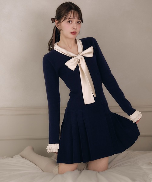 satin ribbon tie docking knit onepiece / サテンリボンタイ