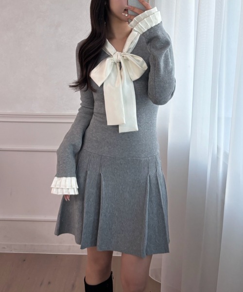 satin ribbon tie docking knit onepiece / サテンリボンタイ