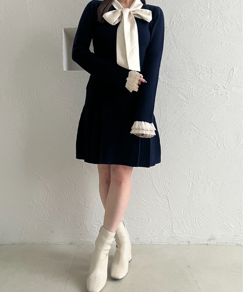 fupel（フぺル）の「satin ribbon tie docking knit onepiece / サテン