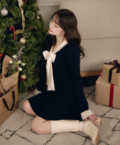 satin ribbon tie docking knit onepiece / サテンリボンタイ