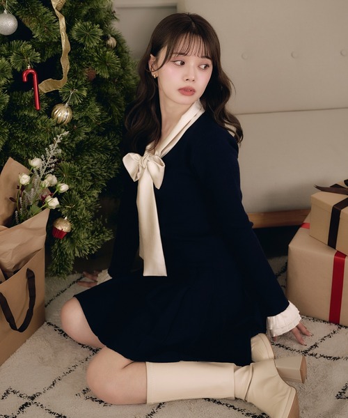 satin ribbon tie docking knit onepiece / サテンリボンタイ