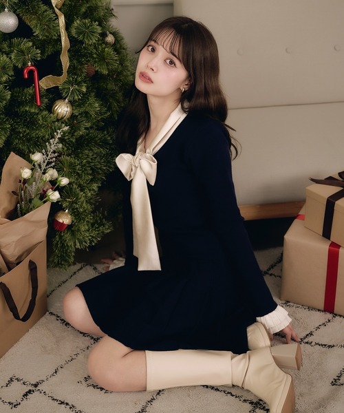 satin ribbon tie docking knit onepiece / サテンリボンタイ