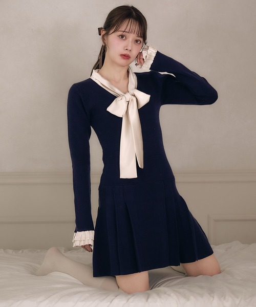 satin ribbon tie docking knit onepiece / サテンリボンタイ