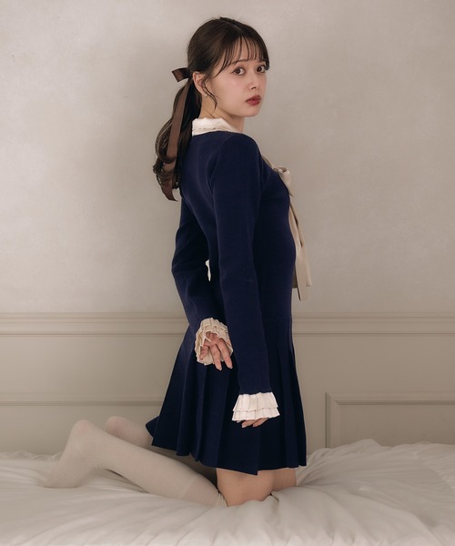 satin ribbon tie docking knit onepiece / サテンリボンタイ