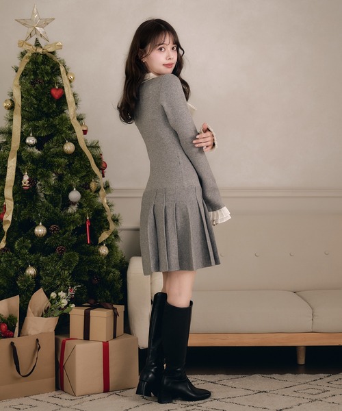 satin ribbon tie docking knit onepiece / サテンリボンタイ