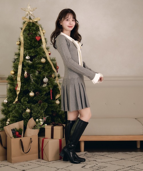 satin ribbon tie docking knit onepiece / サテンリボンタイ