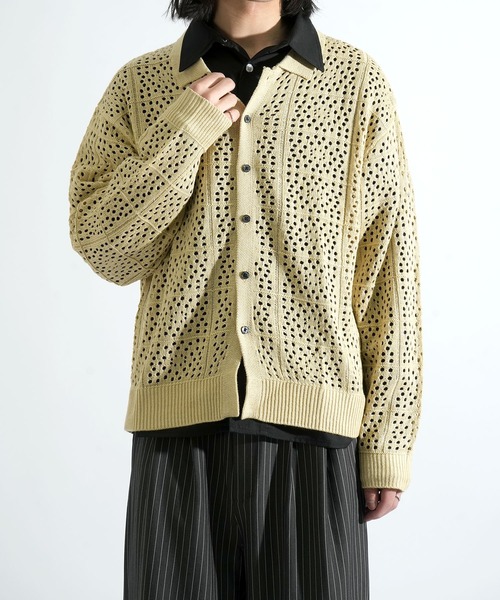 crochet style polo cardigan/クロシェ編み 風 ポロ カーディガン 短丈