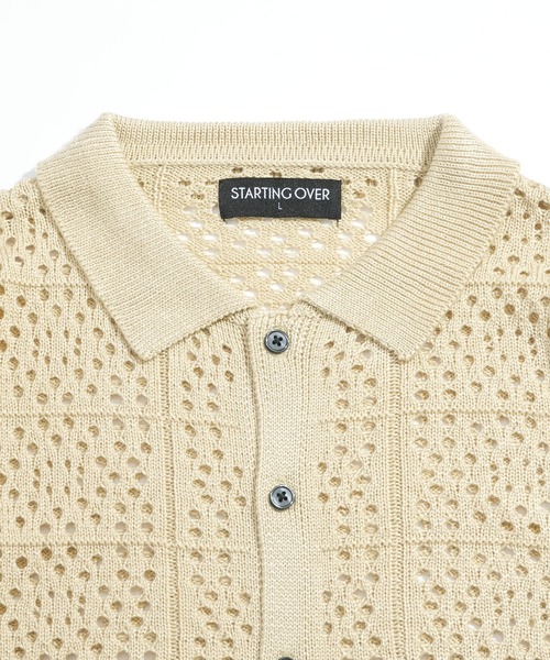 Starting Over(スターティングオーバー)の「crochet style polo cardigan / クロシェ編み風ポロカーディガン 短丈 メッシュニット シアー サマーニット ポロカーデ(カーディガン/ボレロ・メンズ・ブラック/ベージュ・L/M)」の4枚目の写真