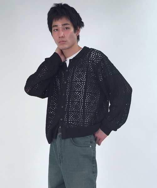 Starting Over(スターティングオーバー)の「crochet style polo cardigan / クロシェ編み風ポロカーディガン 短丈 メッシュニット シアー サマーニット ポロカーデ(カーディガン/ボレロ・メンズ・ブラック/ベージュ・L/M)」の10枚目の写真