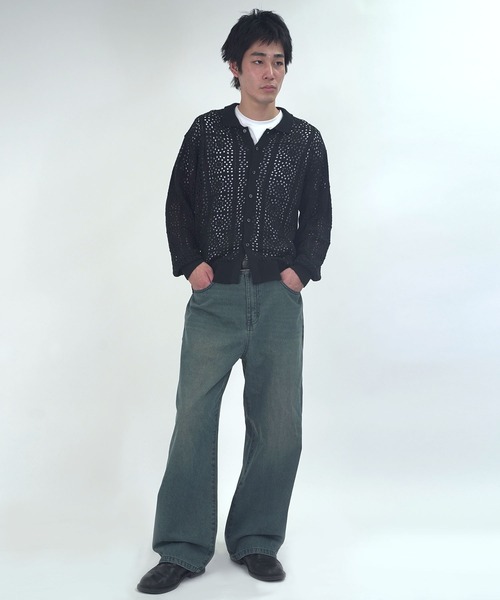 Starting Over(スターティングオーバー)の「crochet style polo cardigan / クロシェ編み風ポロカーディガン 短丈 メッシュニット シアー サマーニット ポロカーデ(カーディガン/ボレロ・メンズ・ブラック/ベージュ・L/M)」の11枚目の写真