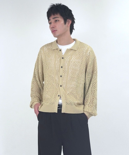 Starting Over(スターティングオーバー)の「crochet style polo cardigan / クロシェ編み風ポロカーディガン 短丈 メッシュニット シアー サマーニット ポロカーデ(カーディガン/ボレロ・メンズ・ブラック/ベージュ・L/M)」の13枚目の写真