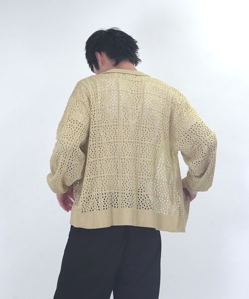 Starting Over(スターティングオーバー)の「crochet style polo cardigan / クロシェ編み風ポロカーディガン 短丈 メッシュニット シアー サマーニット ポロカーデ(カーディガン/ボレロ・メンズ・ブラック/ベージュ・L/M)」の14枚目の写真
