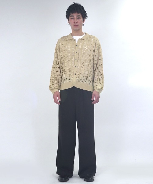 Starting Over(スターティングオーバー)の「crochet style polo cardigan / クロシェ編み風ポロカーディガン 短丈 メッシュニット シアー サマーニット ポロカーデ(カーディガン/ボレロ・メンズ・ブラック/ベージュ・L/M)」の15枚目の写真