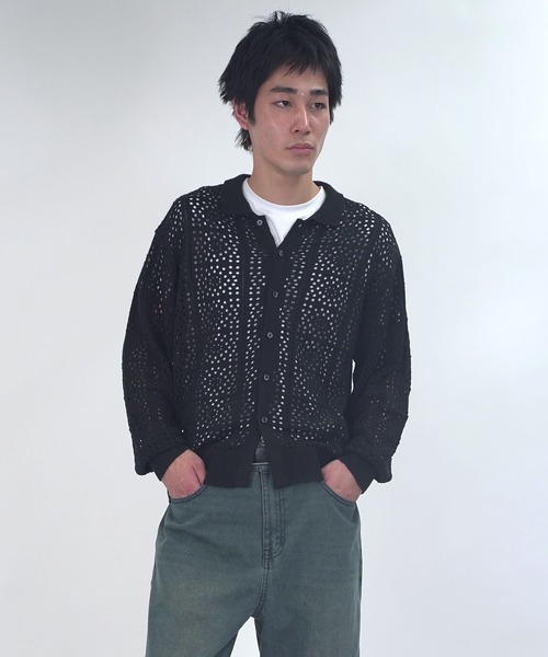 Starting Over(スターティングオーバー)の「crochet style polo cardigan / クロシェ編み風ポロカーディガン 短丈 メッシュニット シアー サマーニット ポロカーデ(カーディガン/ボレロ・メンズ・ブラック/ベージュ・L/M)」の17枚目の写真