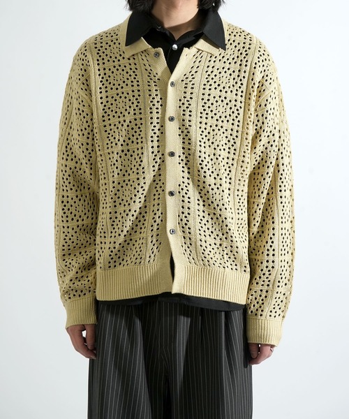 Starting Over(スターティングオーバー)の「crochet style polo cardigan / クロシェ編み風ポロカーディガン 短丈 メッシュニット シアー サマーニット ポロカーデ(カーディガン/ボレロ・メンズ・ブラック/ベージュ・L/M)」の20枚目の写真