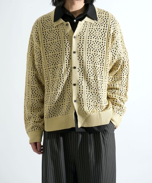 Starting Over(スターティングオーバー)の「crochet style polo cardigan / クロシェ編み風ポロカーディガン 短丈 メッシュニット シアー サマーニット ポロカーデ(カーディガン/ボレロ・メンズ・ブラック/ベージュ・L/M)」の21枚目の写真