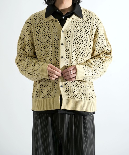 Starting Over(スターティングオーバー)の「crochet style polo cardigan / クロシェ編み風ポロカーディガン 短丈 メッシュニット シアー サマーニット ポロカーデ(カーディガン/ボレロ・メンズ・ブラック/ベージュ・L/M)」の22枚目の写真