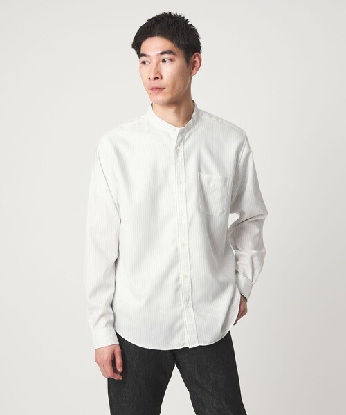 【ホワイト】保形性 ストレッチ 長袖 カラーシャツ (MENS) トライジャガードストレッチ ウィングカラーシャツ