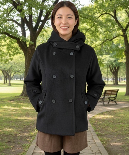 gossip!ロサンゼルス(ゴシップロサンゼルス)の「ダブルボタン フーディショートコート(ピーコート・レディース・グレー/ブラック・FREE)」の2枚目の写真
