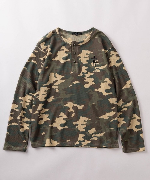 SlashDate(スラッシュデイト)の「【82】カモフラ柄 クロスワンポイント ワッフル ヘンリーネック ロングスリーブTシャツ/メンズ/レディース/ユニセックス(Tシャツ/カットソー・メンズ・カーキ系/カーキ系1・L/M)」の9枚目の写真