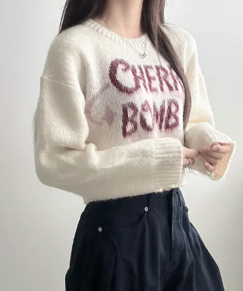 VIVID LADY(ビビッドレディー)の「バイカラーロゴ ショートニットトップス(ニット/セーター・レディース・ブラウン/ネイビー/チャコールグレー/アイボリー・FREE)」の2枚目の写真