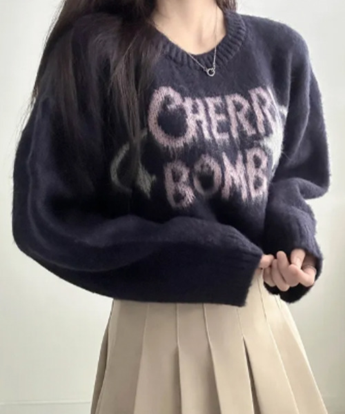 VIVID LADY(ビビッドレディー)の「バイカラーロゴ ショートニットトップス(ニット/セーター・レディース・ブラウン/ネイビー/チャコールグレー/アイボリー・FREE)」の13枚目の写真