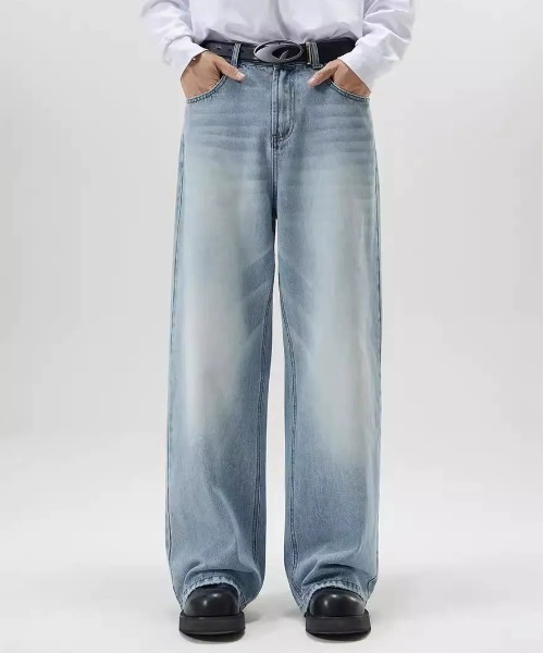 SHEPP（シープ）の「【UNISEX】ヴィンテージライクウォッシュドワイドデニム（デニムパンツ・メンズ・ブルー系その他/ブラック/サックスブルー/ブルー・M/L）」の2枚目の写真